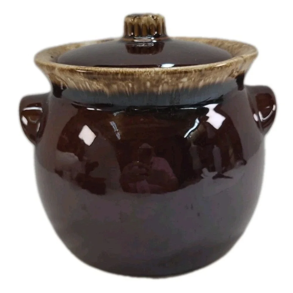 Vintage Hull Pottery Bean Pot Brown Drip Glaze Oven Proof with Lid Cookie Jar